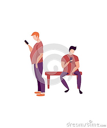 Man using smartphone on bench Vector Illustration