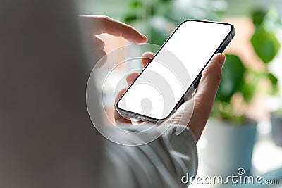 A man is using a smartphone with a blank, frameless screen in a contemporary home or office interior. Bright light with plants in Stock Photo