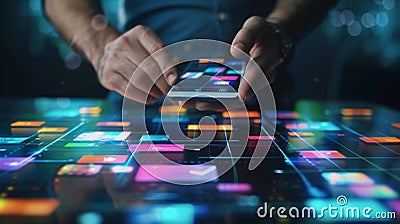 Man using a smartphone with colorful interface screen on the background. User interface software or application dev Stock Photo