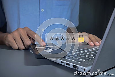 Man using smartphone to login for validate password to two-step authentication. Encrypted data Stock Photo