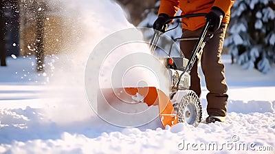 Man Operating Snowblower to Clear Snow - Generative AI Cartoon Illustration