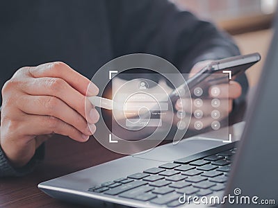 Man using the stylus to enter password unlock access to personal data on virtual screen. Stock Photo