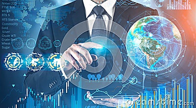 Man using tablet, business infographics Stock Photo