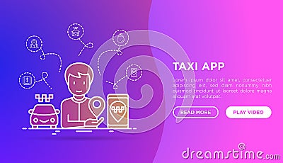Man using taxi app. Web page template with thin line icons: payment method, promocode, app settings, info, support service, phone Vector Illustration