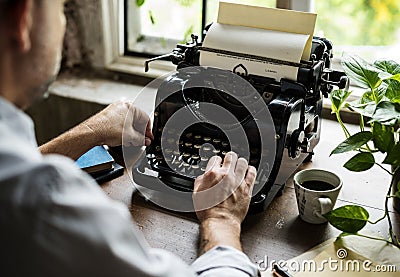 Man Using Typing Retro Typewriter Machine Work Writer Stock Photo