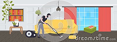 Man using vacuum cleaner male janitor in uniform vacuuming doing housework cleaning service concept modern living room Vector Illustration