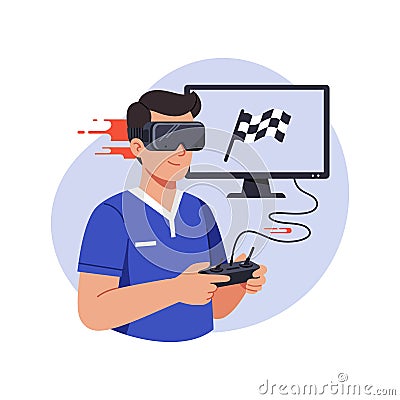 Man using virtual reality headset controlling racing drone with remote illustration Vector Illustration