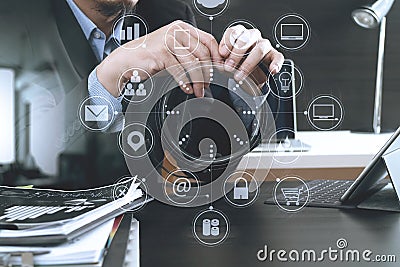 Man using VOIP headset with digital tablet computer as concept c Stock Photo