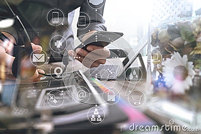 Man using VOIP headset with digital tablet computer docking keyboard,smart phone,concept communication, it support, call center Stock Photo
