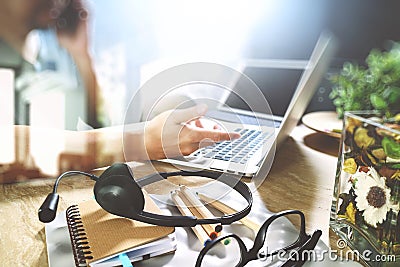 Man using VOIP headset with digital tablet computer docking smart keyboard, concept communication, it support, call center and cu Stock Photo