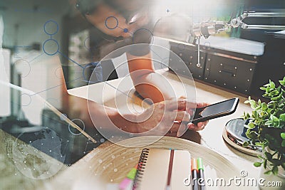 Man using VOIP headset with digital tablet computer docking smart keyboard, concept communication, it support, call center and cu Stock Photo