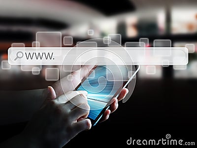 Man using web address bar to surf on internet Stock Photo