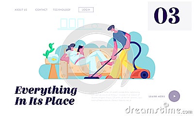 Man Vacuuming Floor, Pregnant Woman with Big Belly Reading on Couch. Family Waiting Baby, Couple Husband and Wife Clean Home Vector Illustration