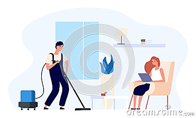 Man vacuums. Man cleans house illustration. Happy flat couple, daily routine vector concept Vector Illustration