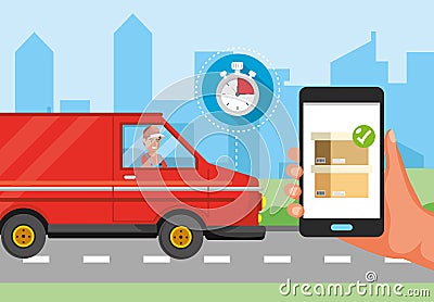 Man in the van transport and hand with smartphone delivery service Vector Illustration