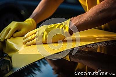 Man vehicle automobile wipe cleaning work service hand car cleaner auto wash Stock Photo