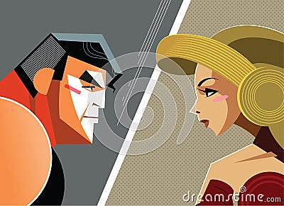 Man versus woman. Danger Conflict. Superheroes. Vector Illustration