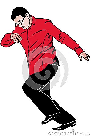 Man very hurries in a red shirt and glasses Stock Photo