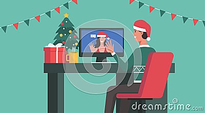 Man video calling to his girlfriend on a computer on Christmas day Vector Illustration