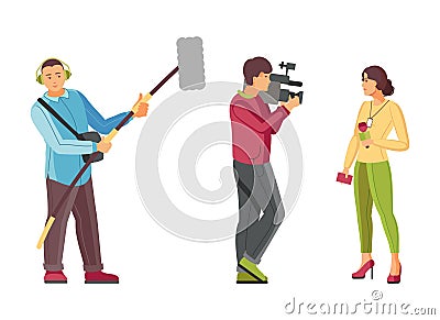 Man video reporter together woman correspondent leading reporting live Vector Illustration