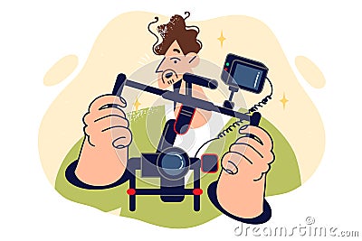 Man videographer holds camera mounted on stabilizer to shoot video with smooth frame movement Vector Illustration