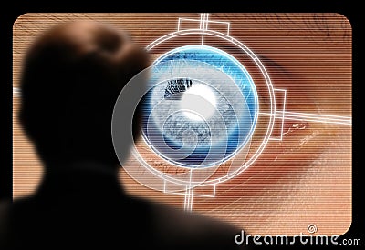 Man viewing a retinal eye scan on a video monitor Stock Photo