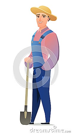Man villager farmer in overalls. Guy is an agricultural worker. Cheerful person. Standing pose. Cartoon comic style flat Vector Illustration