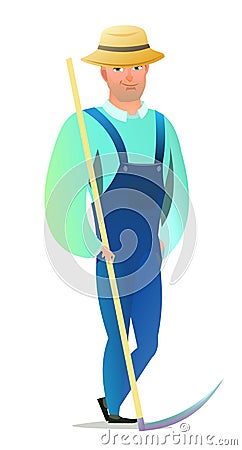 Man villager farmer in overalls. Guy is an agricultural worker. Cheerful person. Standing pose. Cartoon comic style flat Vector Illustration