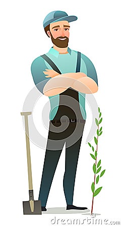 Man villager farmer in overalls. Guy is an agricultural worker. Cheerful person. Standing pose. Cartoon comic style flat Vector Illustration