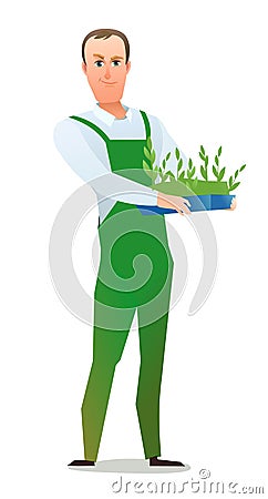 Man villager farmer in overalls. Guy is an agricultural worker. Cheerful person. Standing pose. Cartoon comic style flat Vector Illustration