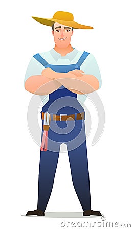 Man villager farmer in overalls. Guy is an agricultural worker. Cheerful person. Standing pose. Cartoon comic style flat Vector Illustration
