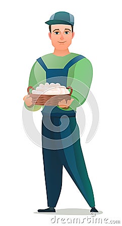 Man villager farmer in overalls. Guy is an agricultural worker. Cheerful person. Standing pose. Cartoon comic style flat Vector Illustration