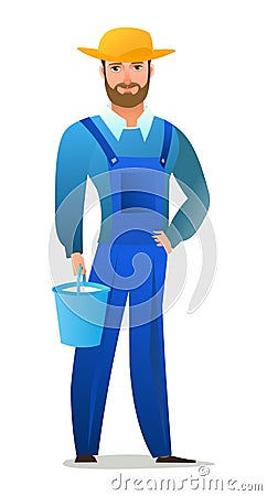 Man villager farmer in overalls. Guy is an agricultural worker. Cheerful person. Standing pose. Cartoon comic style flat Vector Illustration