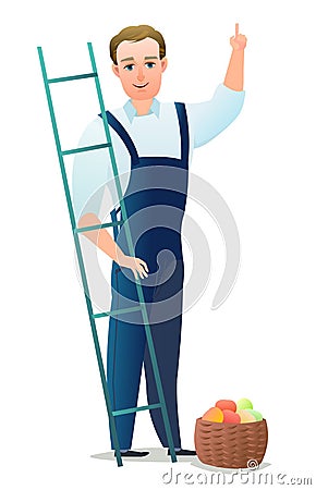 Man villager farmer in overalls. Guy is an agricultural worker. Cheerful person. Standing pose. Cartoon comic style flat Vector Illustration