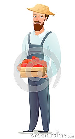 Man villager farmer in overalls. Guy is an agricultural worker. Cheerful person. Standing pose. Cartoon comic style flat Vector Illustration