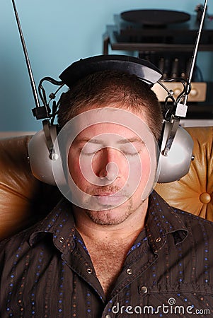 Man with vintage headphones Stock Photo