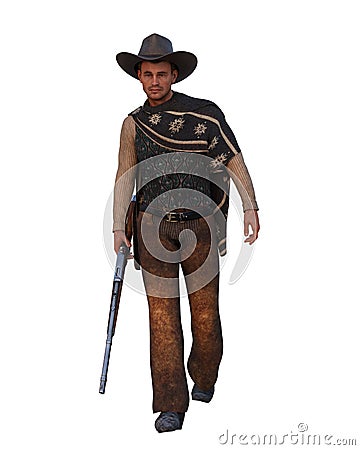 3D illustration of a wild west cowboy man walking with a rifle in his hand isolated on white Cartoon Illustration