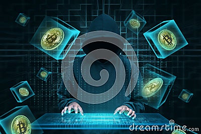 Man with virtual keyboard trying to hack bitcoin network Stock Photo