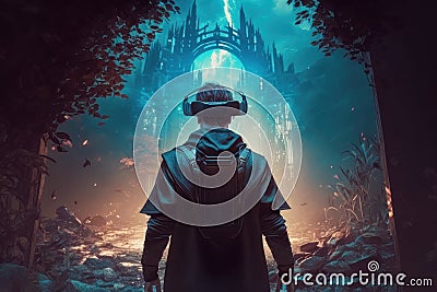 A man in virtual reality glasses in an unreal world. AI generative Stock Photo