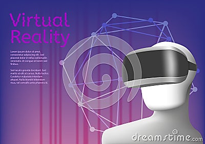 Man in virtual reality headset. Abstract vr concept with textarea and geometric figure. Vector Illustration
