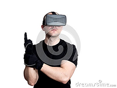 Man with virtual reality headset playing video games Stock Photo