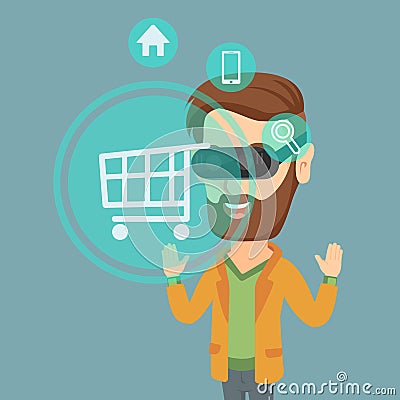 Man in virtual reality headset shopping online. Vector Illustration