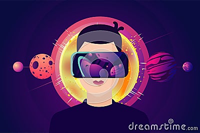 Man with virtual reality masc. Cyber space glasses. Futuristic concept. Vector Illustration