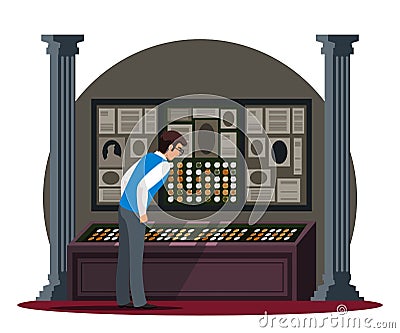 Man visitor enjoy pastime at historical museum Vector Illustration