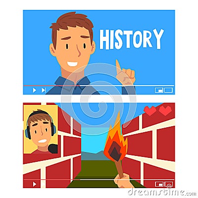 Man Vlogger Video Streaming in the Internet Making Game and History Vlog Vector Set Vector Illustration