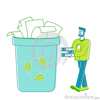 Man Volunteer Character Carry Pile of Old Used File Sheets Collecting Wastepaper Trash for Recycling and Reuse Vector Illustration