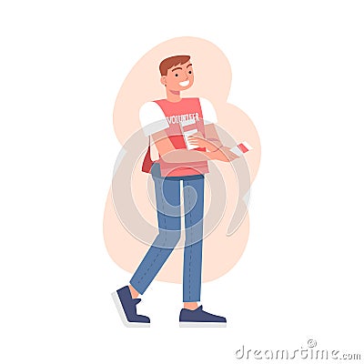 Man Volunteer Character Giving Flyers Vector Illustration Vector Illustration