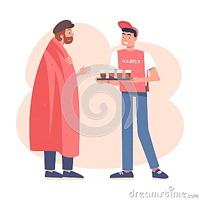 Man Volunteer Character Giving Hot Drink as Humanitarian Aid and Help to Poor Vector Illustration Vector Illustration