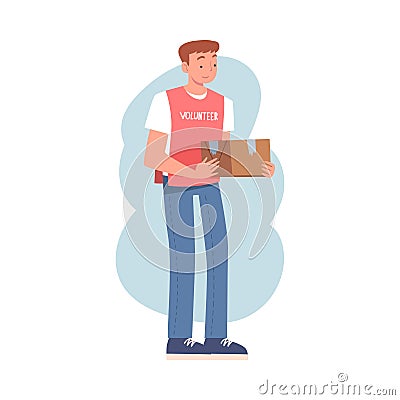 Man Volunteer Character Holding Cardboard Box Giving Humanitarian Aid and Help to Poor Vector Illustration Vector Illustration