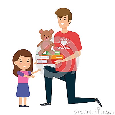 Man volunteer giving a girl books and bear teddy Vector Illustration